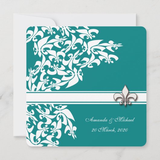 Blauwgroen en Witte Fleur de Lis Damask Formal Wed Kaart (Achterkant)