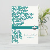 Blauwgroen en witte Fleur de Lis Design Wedding ui Kaart (Staand voorkant)