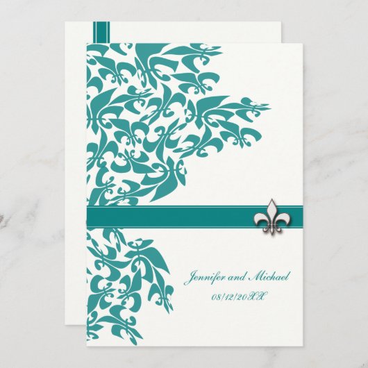 Blauwgroen en witte Fleur de Lis Design Wedding ui Kaart (Voorkant / Achterkant)