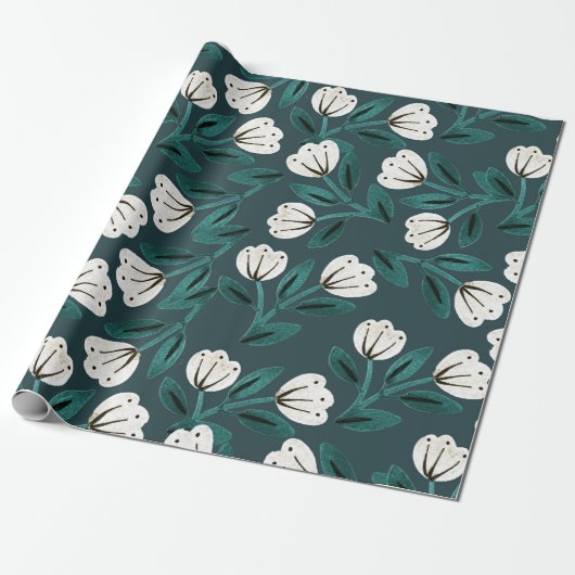 Blauwgroen en witte Floral Cadeaupapier (Uitgerold)