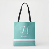 Blauwgroen en witte geavanceerde strips en monogra tote bag (Voorkant)