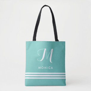 Blauwgroen en witte geavanceerde strips en monogra tote bag