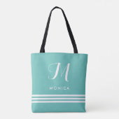 Blauwgroen en witte geavanceerde strips en monogra tote bag (Achterkant)