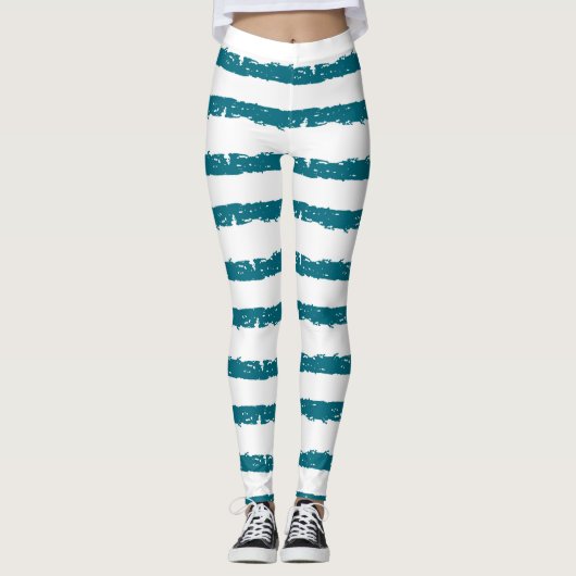 Blauwgroen en witte gestreepte Abstracte Leggings (Voorkant)