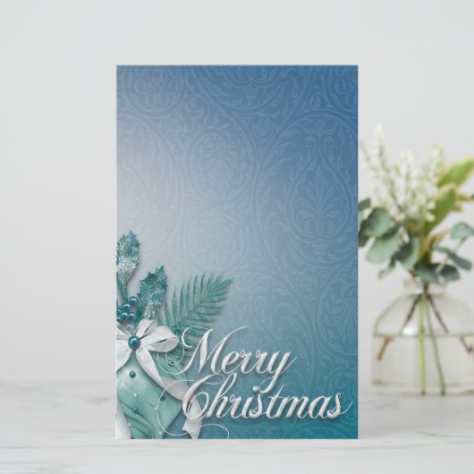 Blauwgroen en witte kerst-sierans briefpapier (Staand voorkant)