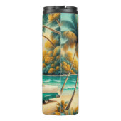 Blauwgroen en witte klassieke auto op een tropisch thermosbeker (Achterkant)