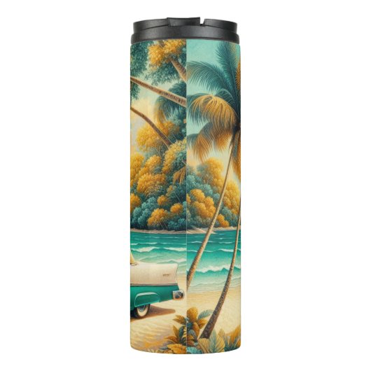 Blauwgroen en witte klassieke auto op een tropisch thermosbeker (Achterkant)