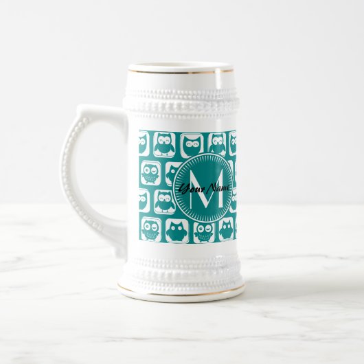 Blauwgroen en witte monogrammen bierpul (Links)