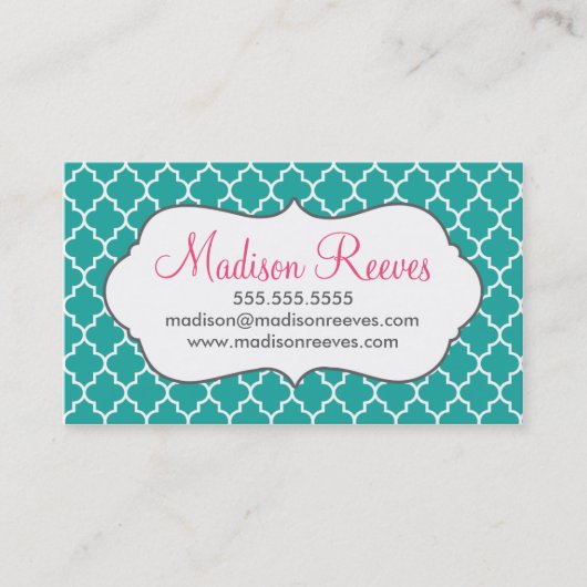 Blauwgroen en witte Quatrefoil Business Card Templ Visitekaartje (Voorkant)