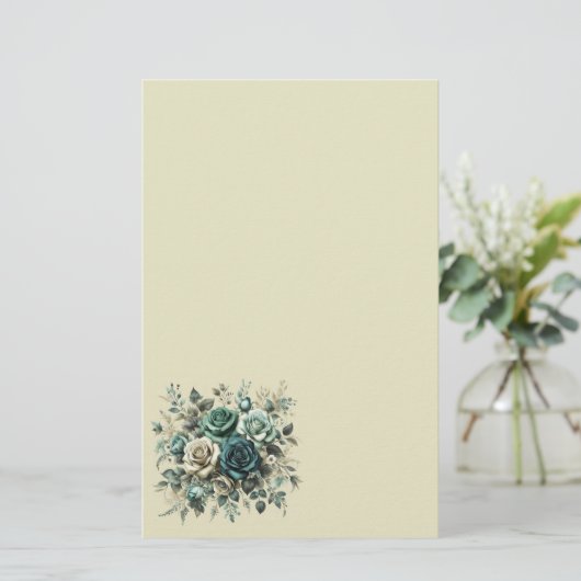 Blauwgroen en witte rozen briefpapier (Staand voorkant)