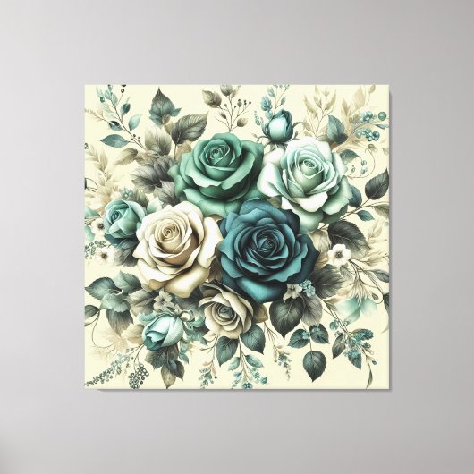 Blauwgroen en witte rozen canvas afdruk (Voorkant)