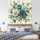 Blauwgroen en witte rozen canvas afdruk (Insitu (Slaapkamer))