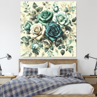 Blauwgroen en witte rozen canvas afdruk