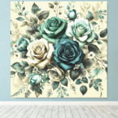Blauwgroen en witte rozen canvas afdruk (Insitu (Houten vloer))