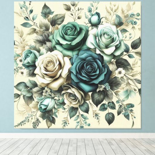 Blauwgroen en witte rozen canvas afdruk (Insitu (Houten vloer))