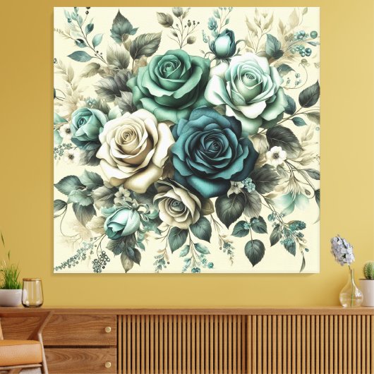 Blauwgroen en witte rozen canvas afdruk (Insitu (Woonkamer))