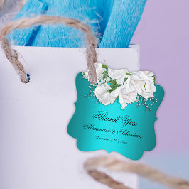 Blauwgroen en witte rozen Elegante bruiloft Bedankjes Labels