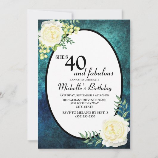Blauwgroen en witte rozen Grafieken 40e verjaardag Kaart (Voorkant)