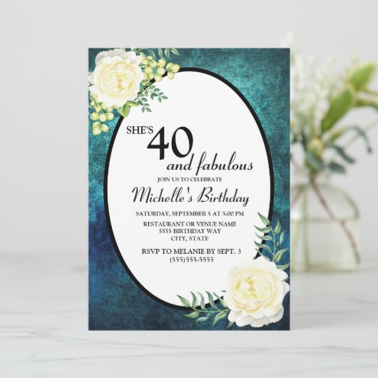 Blauwgroen en witte rozen Grafieken 40e verjaardag Kaart (Staand voorkant)