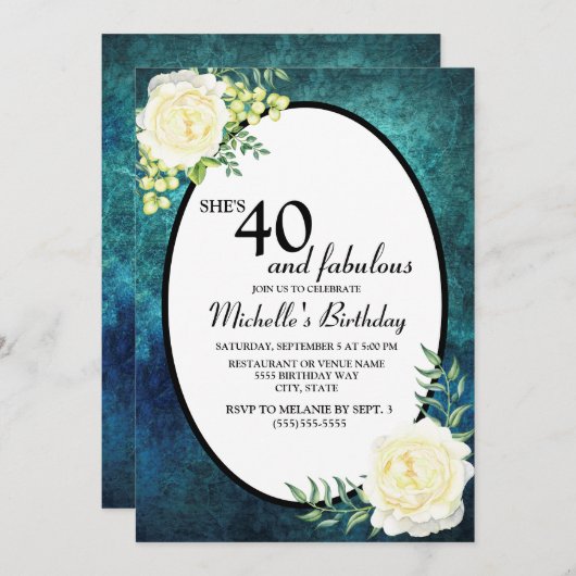 Blauwgroen en witte rozen Grafieken 40e verjaardag Kaart (Voorkant / Achterkant)
