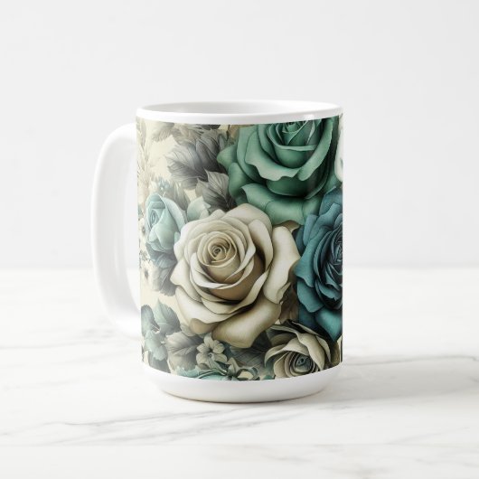 Blauwgroen en witte rozen koffiemok (Voorkant links)
