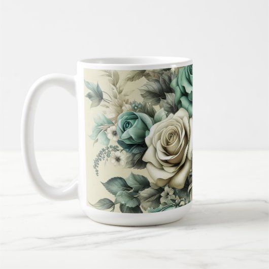 Blauwgroen en witte rozen koffiemok (Links)