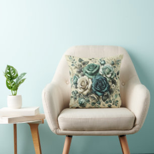 Blauwgroen en witte rozen kussen