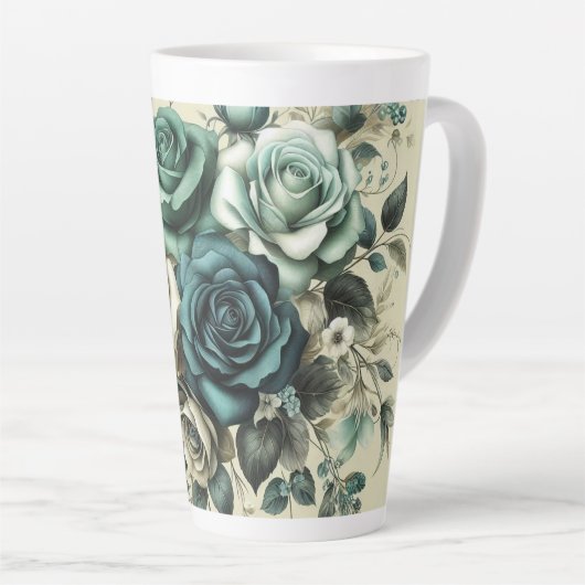 Blauwgroen en witte rozen latte mok (Rechterhoek)