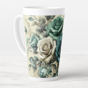 Blauwgroen en witte rozen latte mok