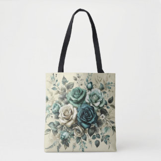 Blauwgroen en witte rozen tote bag