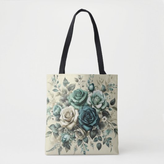 Blauwgroen en witte rozen tote bag (Voorkant)
