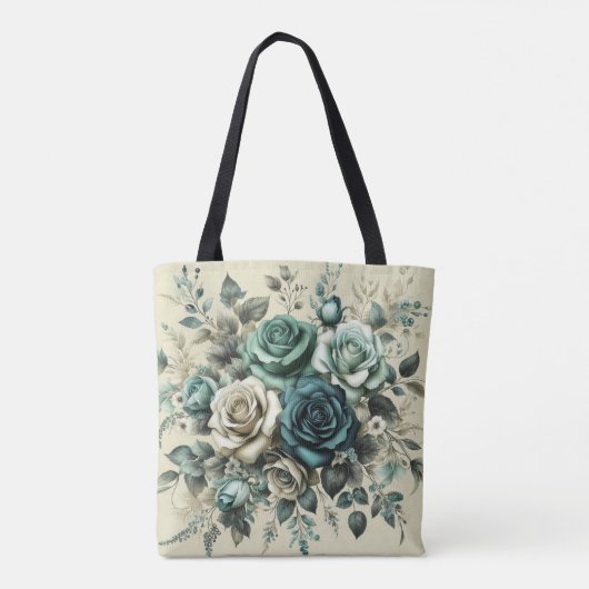 Blauwgroen en witte rozen tote bag (Achterkant)