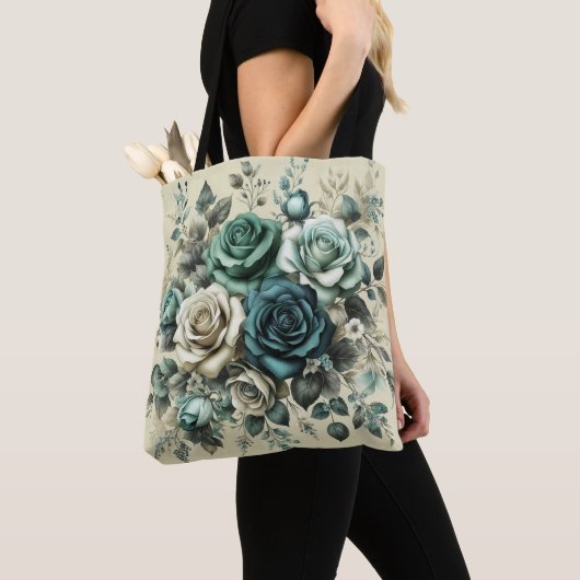 Blauwgroen en witte rozen tote bag (Dichtbij)