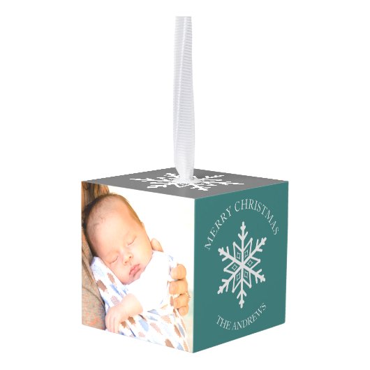 Blauwgroen en Witte Sneeuwvlok Kerstfoto Decoratie (Achter hoekig)