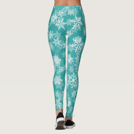 Blauwgroen en witte sneeuwvlokken Winter Wonderlan Leggings (Achterkant)