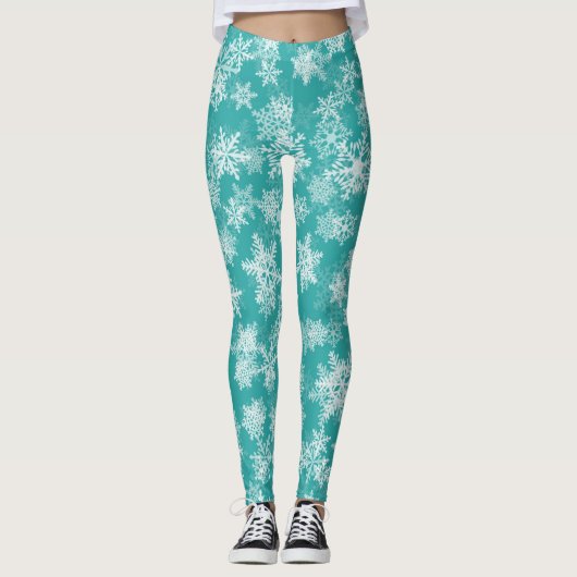 Blauwgroen en witte sneeuwvlokken Winter Wonderlan Leggings (Voorkant)