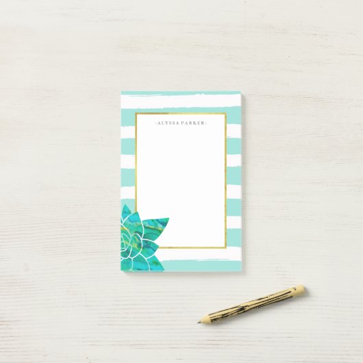 Blauwgroen en witte strepen met Waterverf Succulen Post-it® Notes (Op bureau)