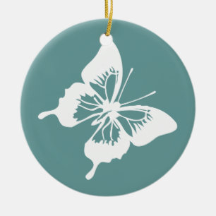 Blauwgroen en witte vlinder keramisch ornament
