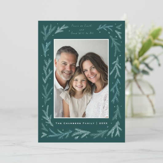 Blauwgroen en witte vrede op aarde en goede wil vo feestdagenkaart (Staand voorkant)