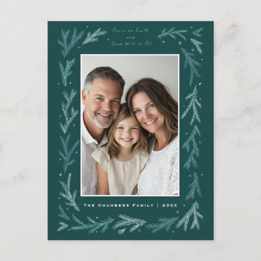 Blauwgroen en witte vrede op aarde en goede wil vo feestdagenkaart (Voorkant)