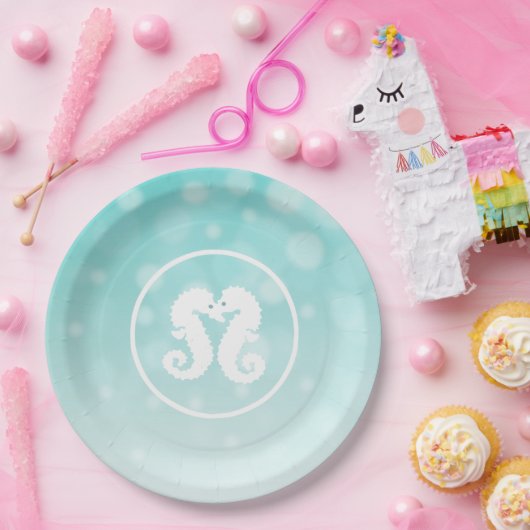 Blauwgroen en witte zeepaardjes zogende Borden van Papieren Bordje (Feest)