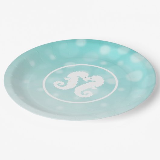 Blauwgroen en witte zeepaardjes zogende Borden van Papieren Bordje (Gekanteld)