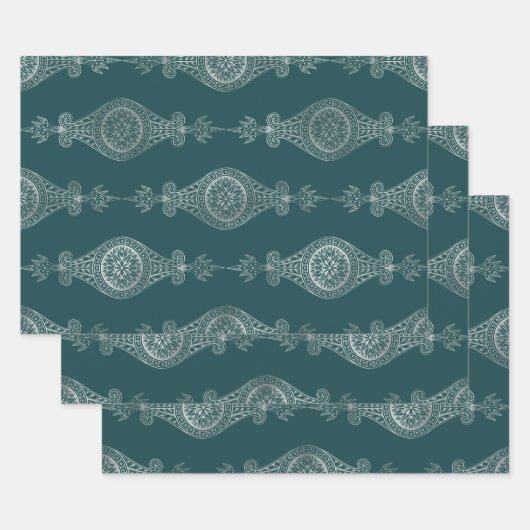 Blauwgroen en zilver Abstract Boho Patroon Inpakpapier Vel (Set)
