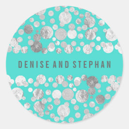 Blauwgroen en Zilver Confetti Bruiloft Ronde Sticker
