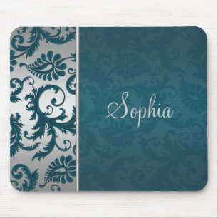 Blauwgroen en zilver Damask Mousepad Muismat