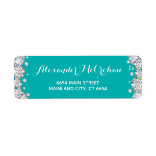 Blauwgroen en Zilver Diamond Glitter Return Addres Etiket