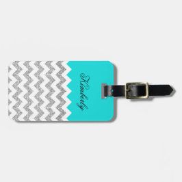 Blauwgroen en zilver Faux Glitter Chevron Bagagelabel