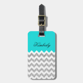 Blauwgroen en zilver Faux Glitter Chevron Bagagelabel
