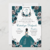 Blauwgroen en zilver Floral Elegant Quinceañera Kaart (Voorkant)