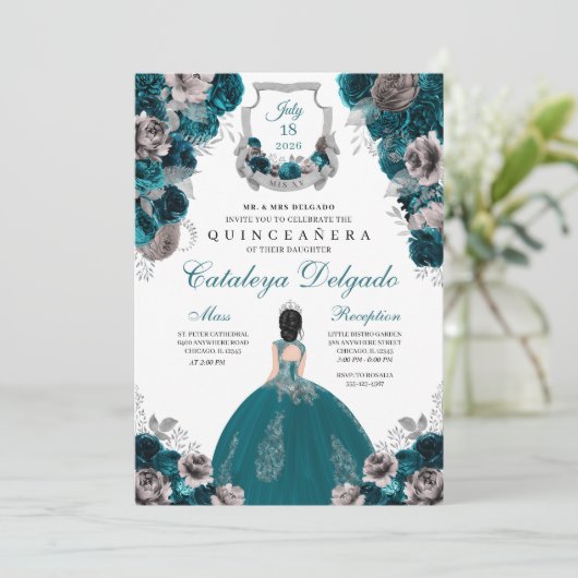 Blauwgroen en zilver Floral Elegant Quinceañera Kaart (Staand voorkant)